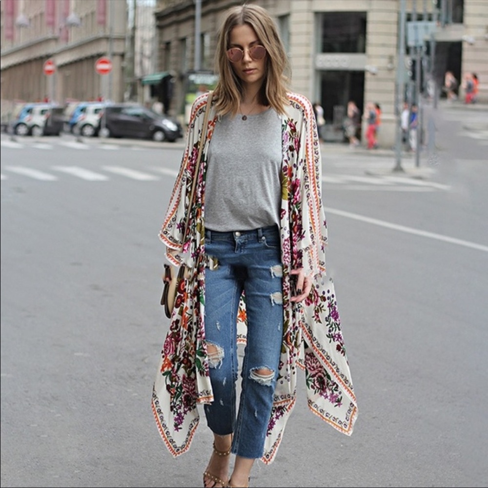 Sheer Floral Scarf Kimono, One Size